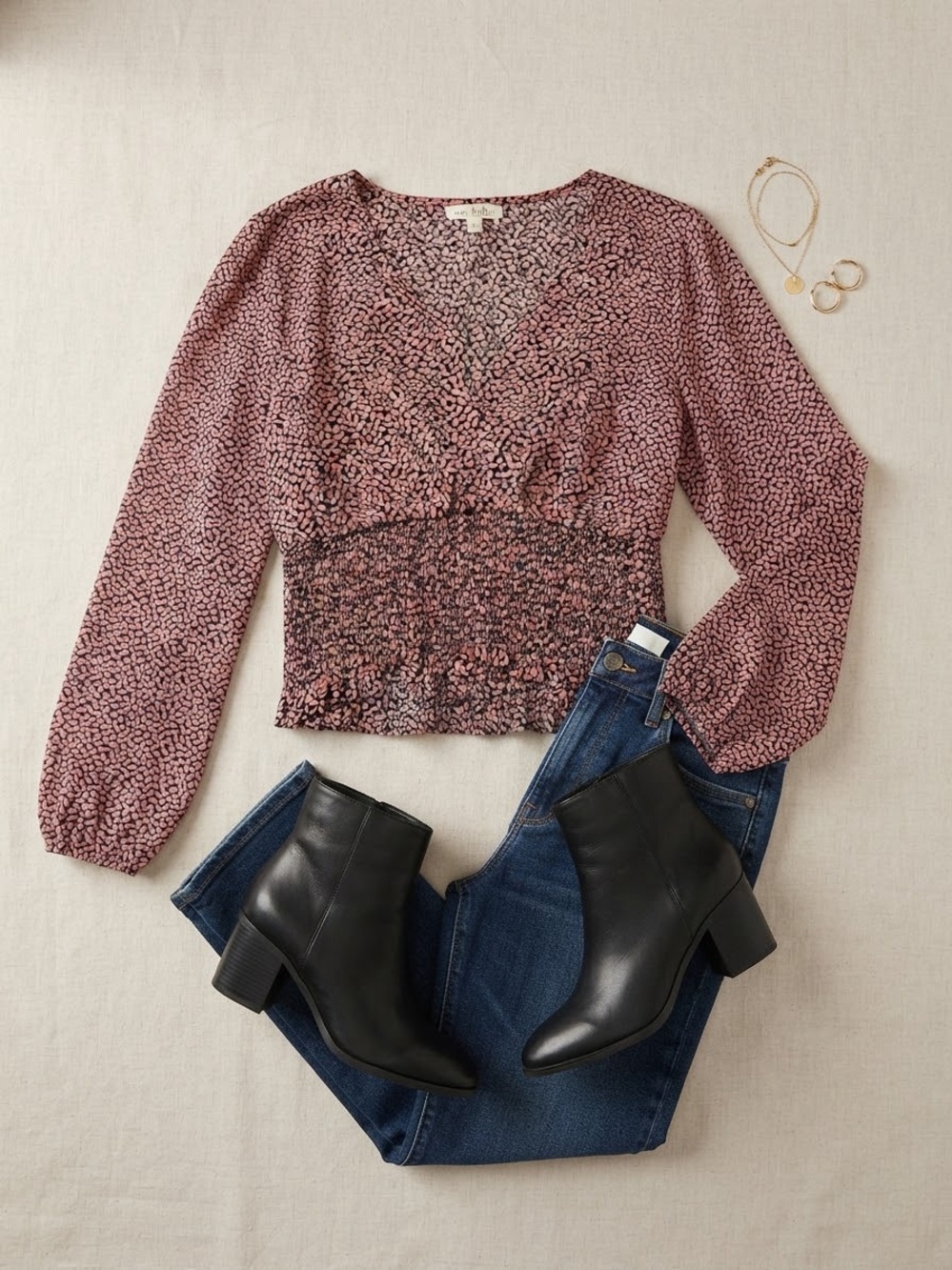 nine britton Dusky Rose Printed V-Neck Smocked Waist Blouse